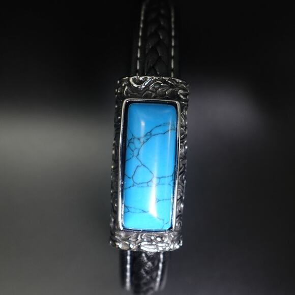 Stainless Steel & Leather Bracelet w/ Turquoise Stone SBR-6746 - Picture 7 of 10